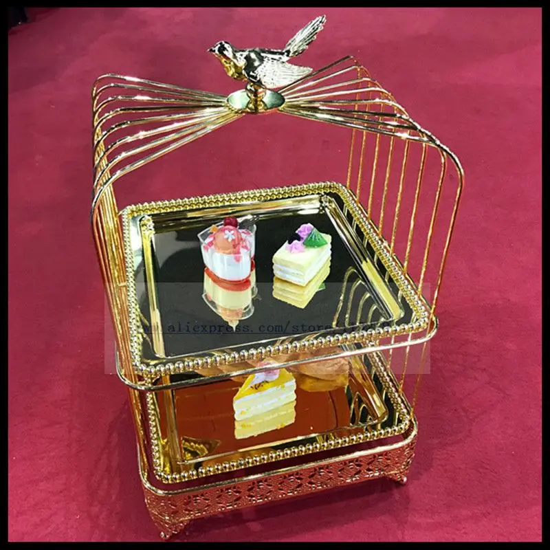 

European double-layer square golden hollow bird cage snack stand multi-layer cake stand tea break dessert rack