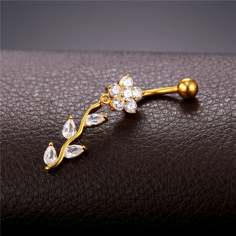 Collare Crystal Long Belly Button Ring Rose For Women Party Yellow Gold/Silver Color Navel Body Charm Jewelry DB114 |