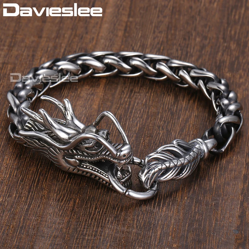 Davieslee, мужской браслет с головой дракона, 316L, браслет из нержавеющей стали, пшеничная цепочка, Панк ювелирные изделия 9 мм, 21,5 см, DLHB450