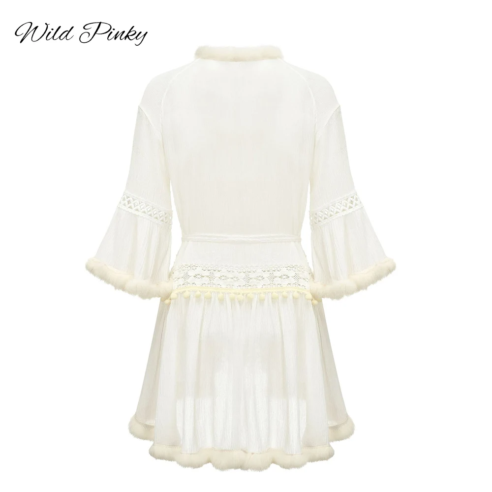 Винтажное платье в стиле бохо с расклешенными рукавами белое кружевное женское