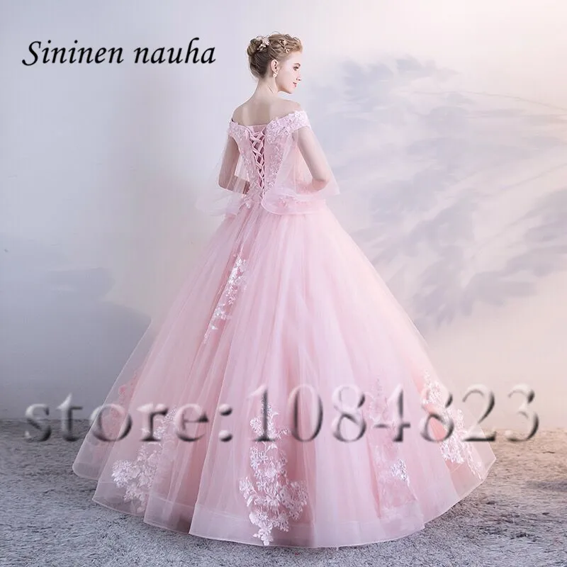 Розовое платье Quinceanera с открытыми плечами и рукавами аппликацией бальное размера