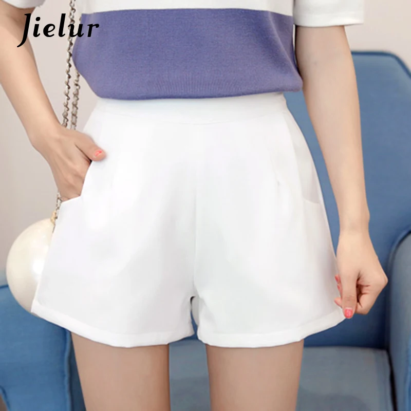 

Jielur 2020 New Pockets Beading White Black OL Summer Bottom Kpop Chiffon Soft Elegant Shorts Female Pure Color Shorts for Women