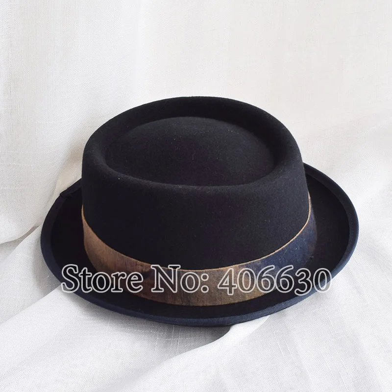 Winter Black Wool Felt Porkpie Hats For Men Chapeu Women Fedora Flat Top Caps Free Shipping BMDW028