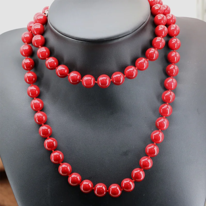 

Bohemia 12mm Red Artificial Coral Round Beads Chain Necklace Long Chain Women Wholesale Price Charms Jewelry 36inch B2920