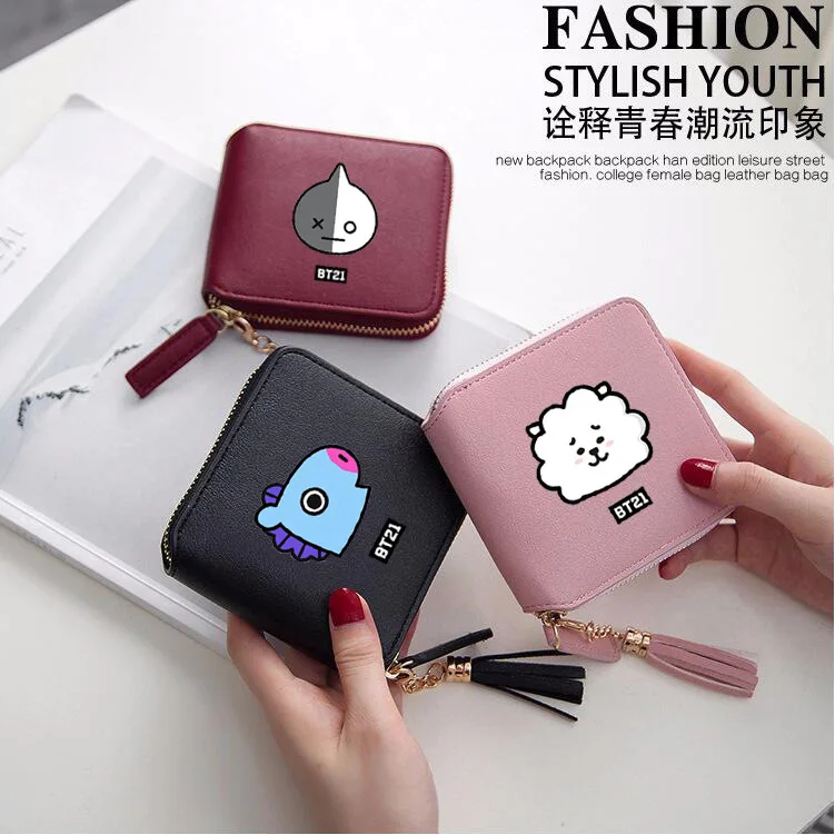 Мода настроить BTS & BT21 из искусственной кожи кисточкой Кошелек Kpop короткие молнии