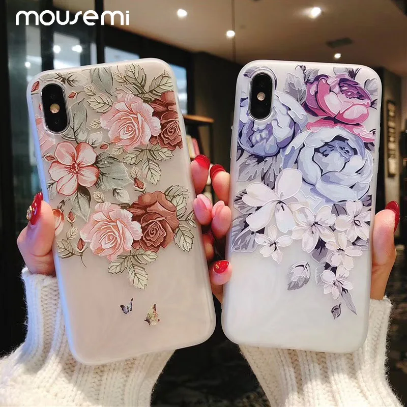 MOUSEMI 3D Relief Luxury Phone Case For iPhone 7 8 Flowers Fundas Floral Soft TPU Silicone Plus Capa Silicon |