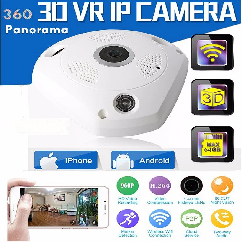 Бесплатная доставка 1.3mp 960 P 3D VR Cam WI FI IP Камера рыбий глаз HD панорама S IR Ночное