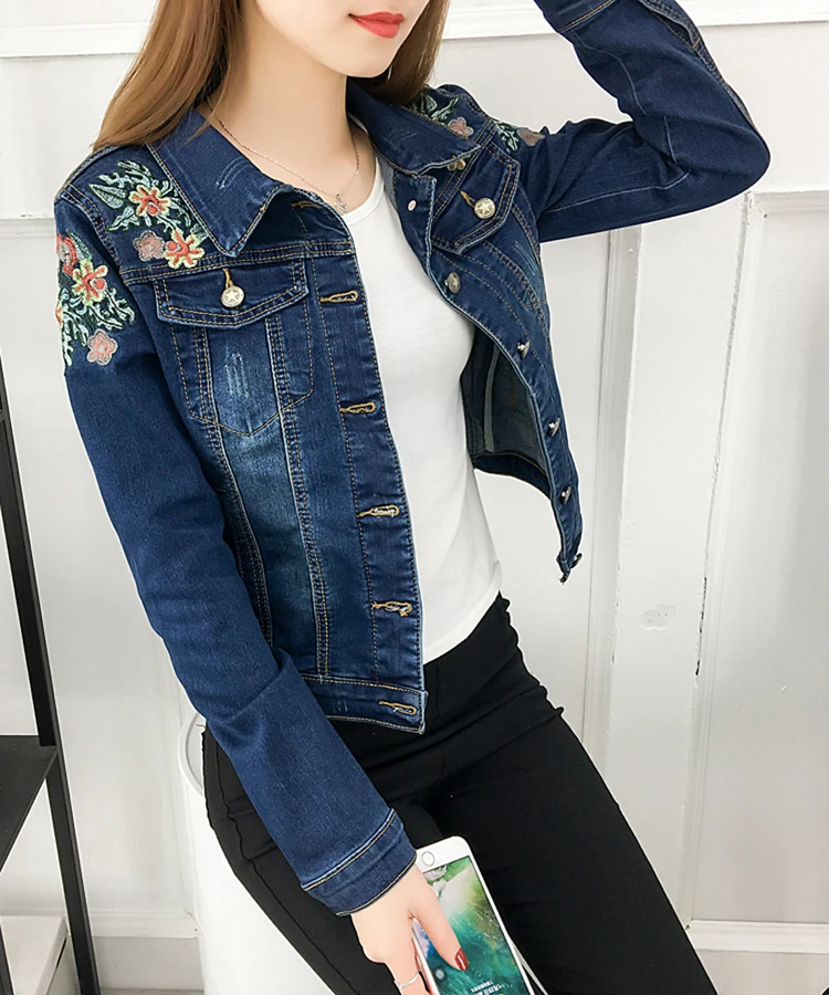 Модная женская куртка высокого качества Весна-Осень новая джинсовая с вышивкой