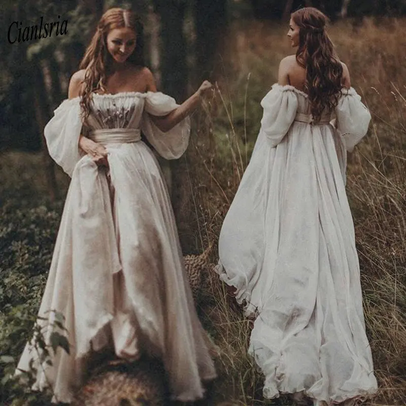 

Off The Shoulder Appliques Boho Beach Wedding Dresses 2020 With Puff Sleeve Country Wedding Dress Vestidos De Novia