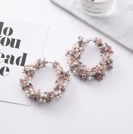 pink LUBOV корейский модный кружевной венок большой круг серьги для женщин ручной работы имитация жемчуга массивные висячие серьги Oorbellen - Окраска металла: pink