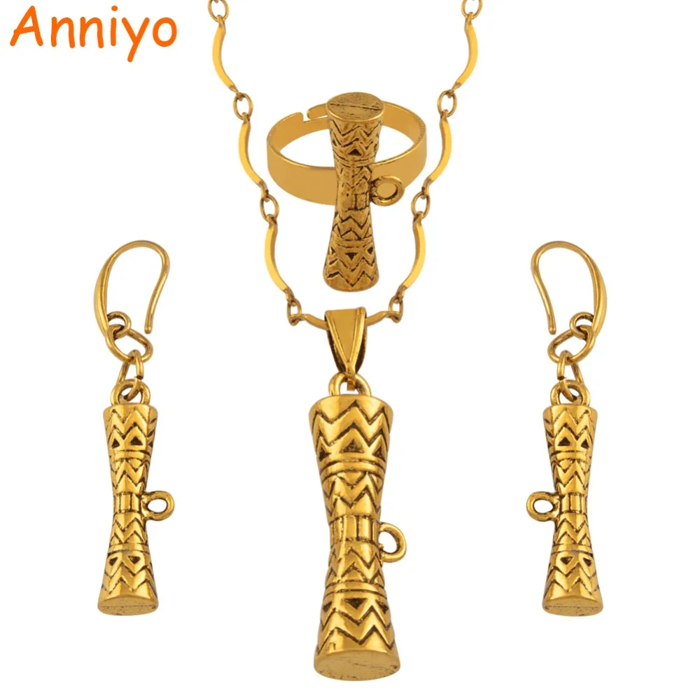 Anniyo цвета золота, подвеска барабан, ожерелья, серьги, кольцо, набор, фоновый стиль, кунду, ювелирные наборы#130406