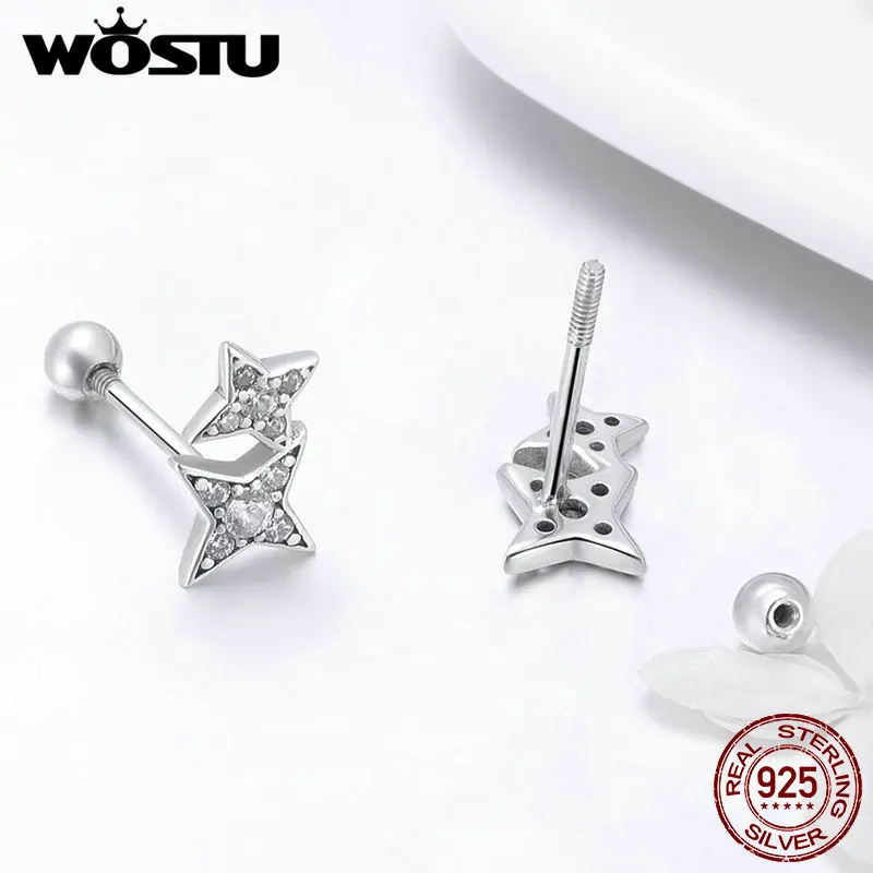 WOSTU Настоящее серебро 925 пробы сверкающие звезды крошечный гвоздик серьги для