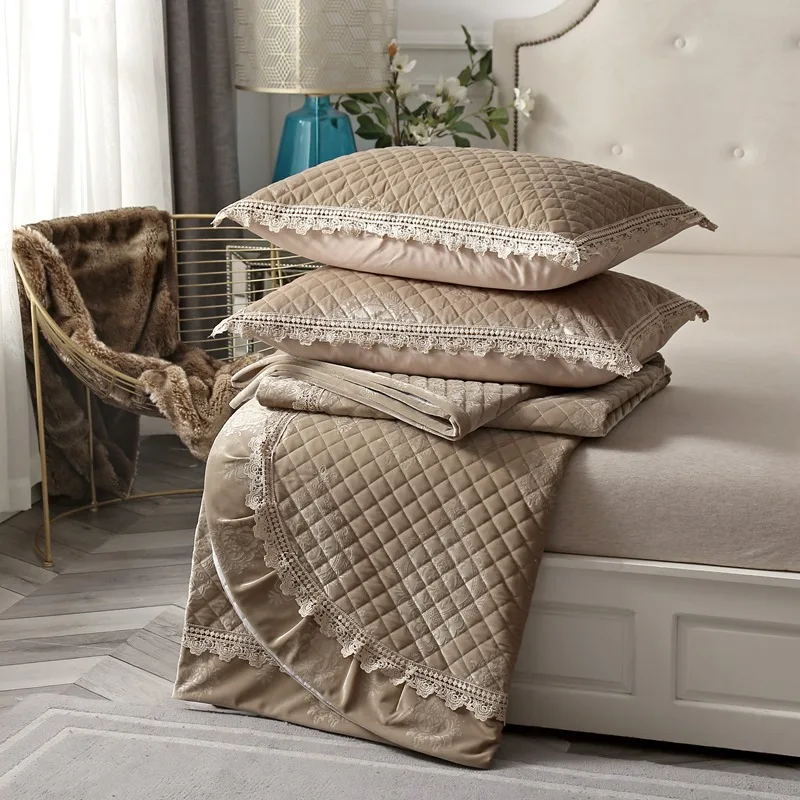 

Famvotar Luxury Solid Khaki Embossed Cotton Bedspreads Soft Warm Embossed Ruffles Quilted Velvet Bedspread 3 Piece Set 245X245CM
