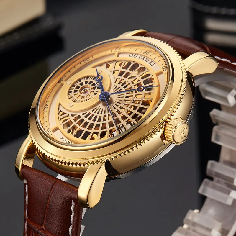 OUYAWEI мужские наручные часы с скелетом Мужские кожаным ремешком в стиле стимпанк