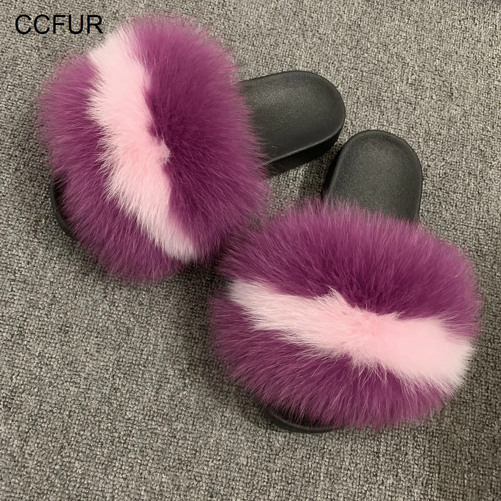 CCFUR New Colors Summer Slides Women's Real Fox Fur Slippers Fluffy Fur Sliders Mixed Color Fashion Lady S6048