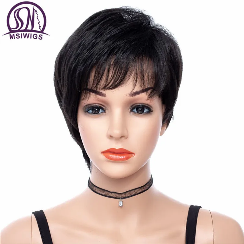 MSI Wigs короткие женские парики в черном кудрявые прямые синтетические волосы парик с боковой челкой без клея 8 дюймов волосы термостойкие