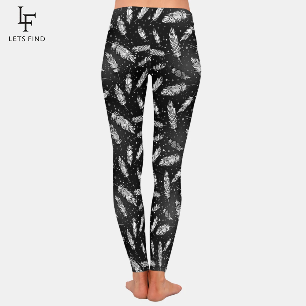 

2019 New Arrival Women Leggings High Elasticity Fitness Pants Mid Waist Ankle Length Black Feathers Printed Plus Size Leggings