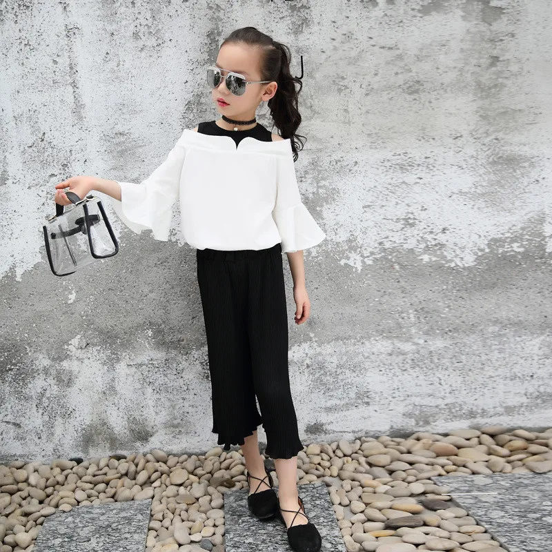 2018 Spring Autumn Girls Flare Sleeve T-shirt+Pants Fashion Princess Clothing Sets Kid Bare shoulder School Sport Clothes set | Мать и