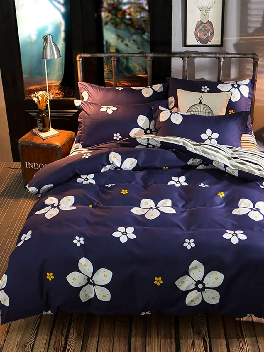 4 шт. набор постельного белья темно-синий цветочный деревенский стиль удобный