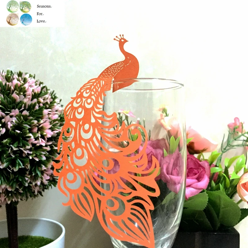 50 шт. лазерная резка павлина бумага место карта эскорт чашка стекло вино амулеты