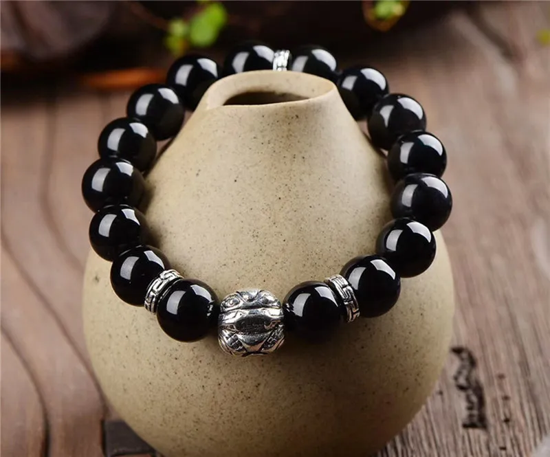 Натуральный черный браслет из обсидиана буддийская молитва тибетское серебро