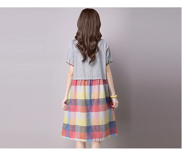 Zomerjurk dames, летнее платье с коротким рукавом, женское клетчатое лоскутное платье, свободные рубашки, плюс размер, хлопковые льняные платья