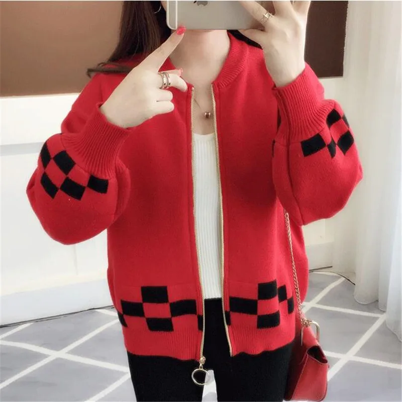 2018 вязаный свитер весенний женский кардиган куртка модный короткий клетчатый