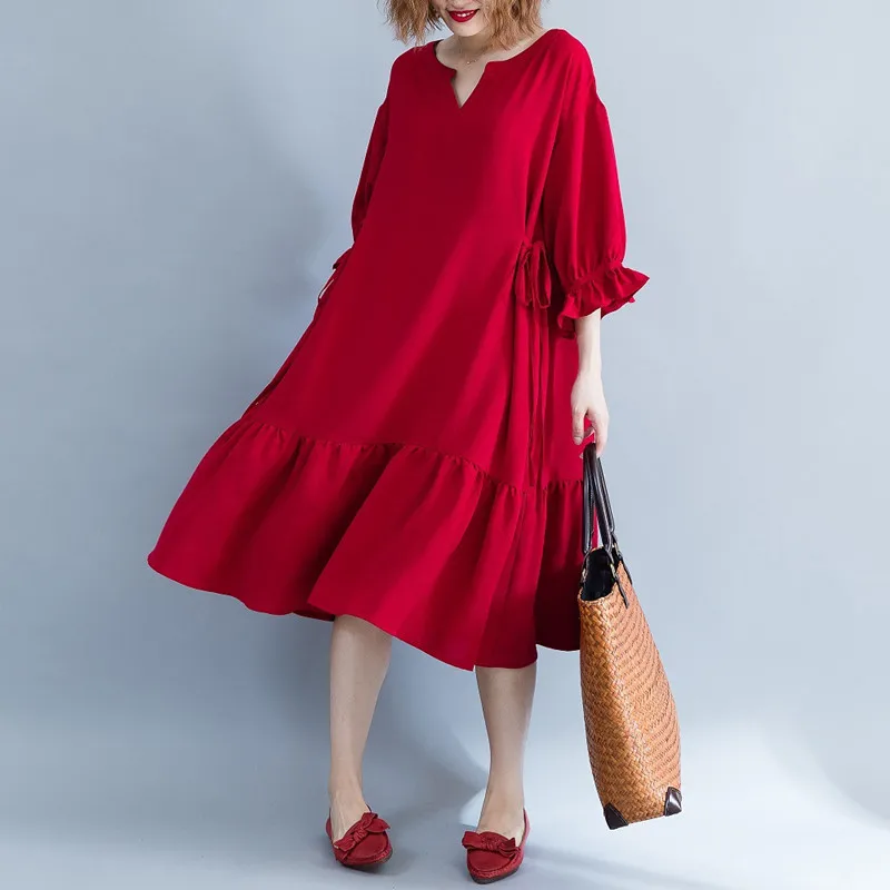 Женское однотонное платье с оборками повседневное Свободное V-образным вырезом и