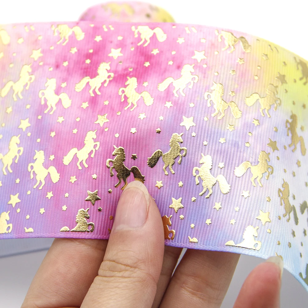 

New 75mm Gold Foil Horse Printed Grosgrain Ribbon Fabric DIY Wrapping/Party/Hair Bow Decoration Art Sewing Material,50Yc6196