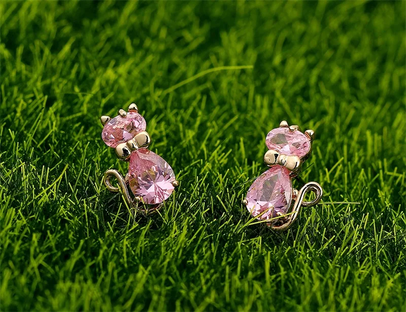 Yellow Gold Color Cute Bow Knot Pink Crystals CZ Cats Stud Earrings for Women Children Girls Kids Gatos Jewelry bijoux Aros|earring stopper|stud