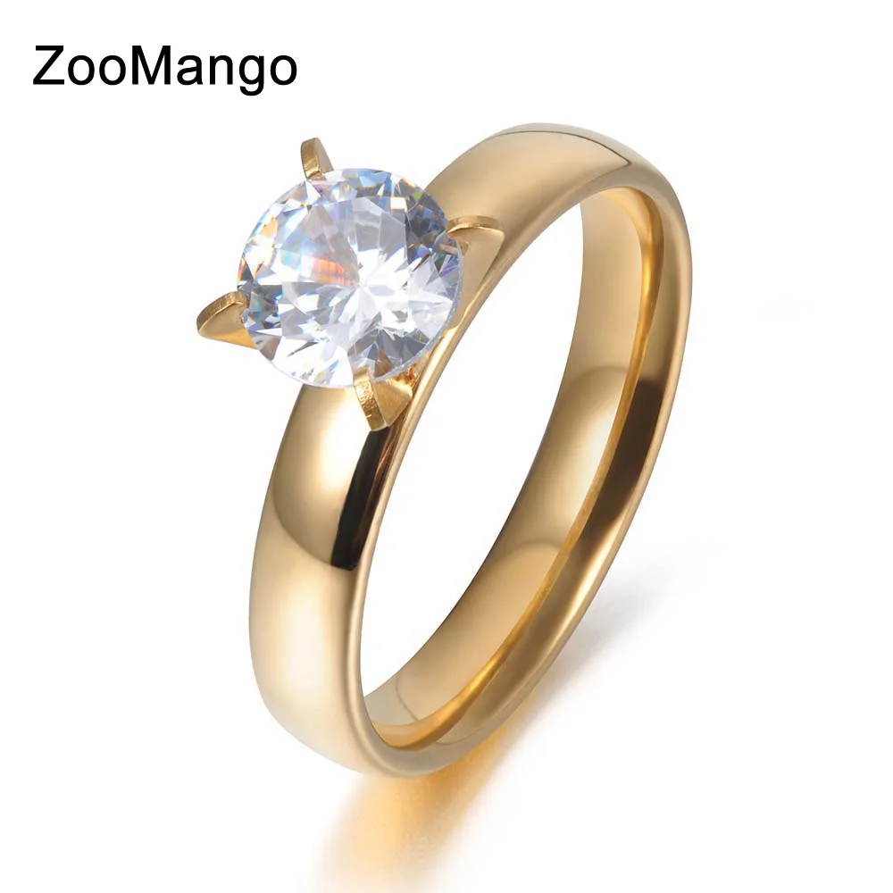 ZooMango Classic Gold Color Stainless Steel Ring Cubic Zirconia Crystal Wedding Engagement Jewelry Rings For Women ZR17155