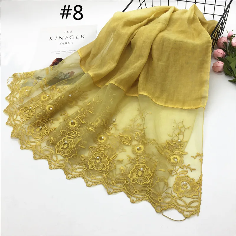 Z0148 yellow 1 шт., сплошной цвет, две стороны, кружево, женский платок, хиджаб, шаль, мусульманский шарф, с жемчугом, простая прострочка, Женский малазийский хиджаб - Цвет: Z0148 yellow