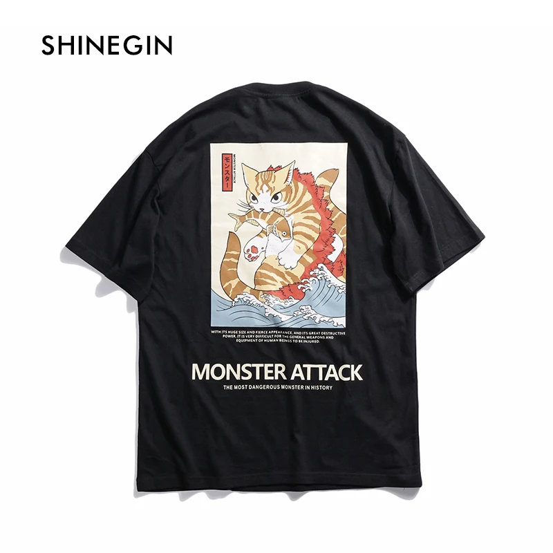SHINEGIN Ukiyo E Cat Футболка Monster Attack для мужчин письмо футболка уличная 2019 Harajuku Хип Хоп