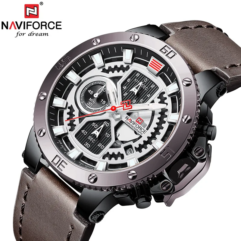Мужские наручные часы NAVIFORCE роскошные коричневые кварцевые с хронографом Esportivo