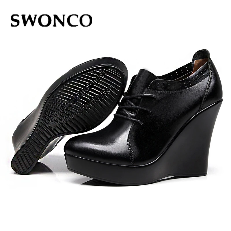 

SWONCO Leather Shoes Women OL Black Wedge Pumps Heels Autumn 2019 Platform Shoes Female Chunky High Heels Elegant Work Pumps