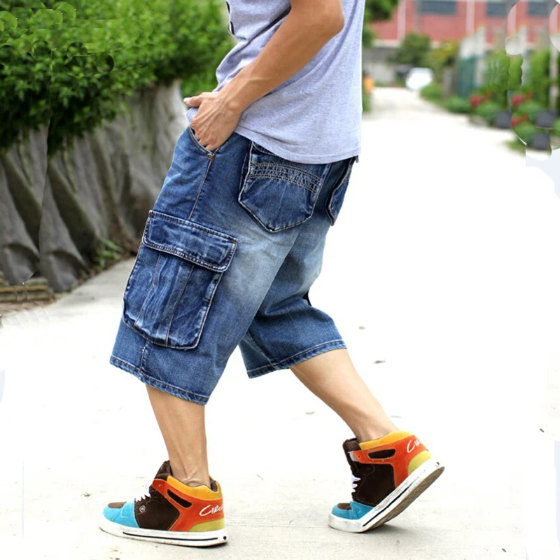 

2021 NEW Brand Mens Big Size Loose Baggy Short Jeans for Men Boy's Hip Hop Skateboard Pants for Rappers Rap Trousers Blue Hiphop