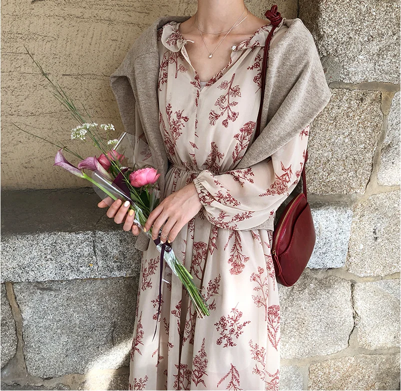 Платье женское длинное с длинным рукавом и цветочным принтом|Женские платья| |