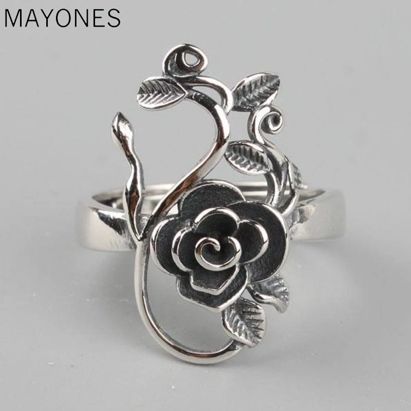 

Vintage Real Pure 925 Sterling Silver Branches Rose Flowers Rings For Women Thai Silver Adjustable Elegant Jewelry Ring