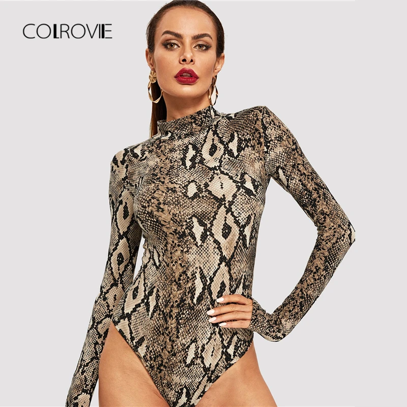 COLROVIE, змеиный принт, высокая горловина, повседневный женский боди, осень, длинный рукав, для офиса, для девушек, боди, модный, винтажный, боди