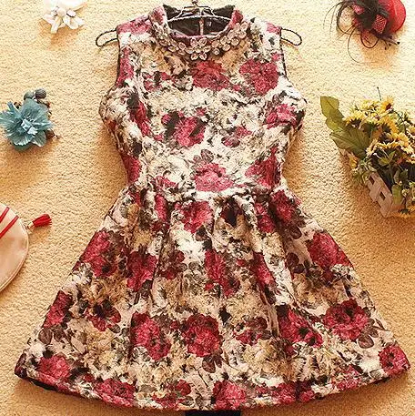 Платье без рукавов с цветочным принтом Осеннее и зимнее платье цельное мини для