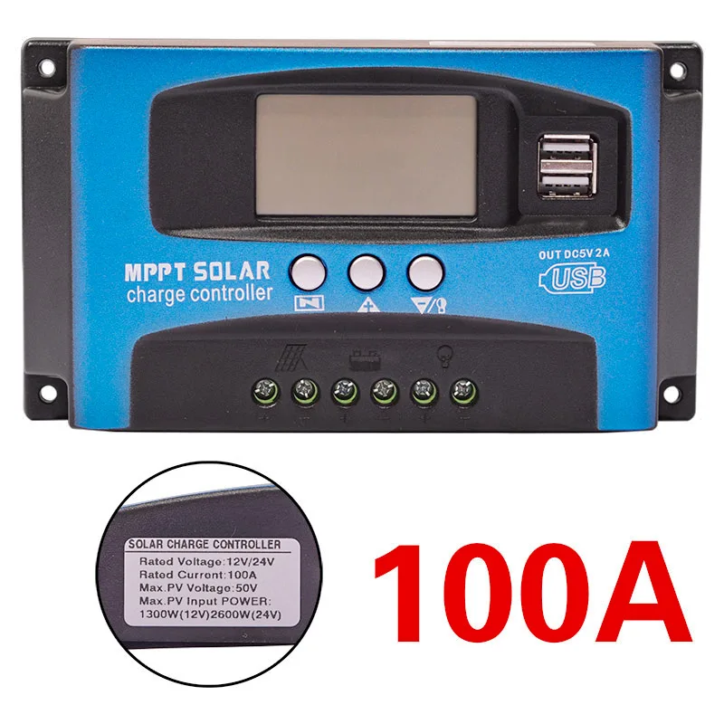 100A 30/40/50/60/100A MPPT Контроллер заряда для фотоэлектрических систем, два USB выхода, ЖК-дисплей Дисплей 12V 24V авто светодиодный фонарь на солнечной батарее Панель Зарядное устройство регулятор с нагрузкой - Цвет: 100A