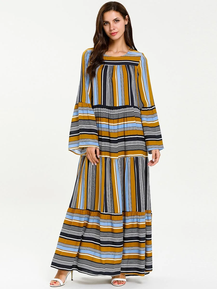 Повседневное длинное платье в полоску с круглым вырезом абайя для взрослых