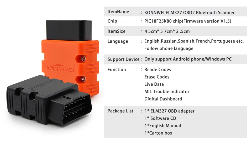 ELM327 Bluetooth Konnwei KW902 V1.5 PIC18F25K80 Авто диагностические инструменты OBD II Bluetooth Автомобильный сканер поддерживает 12 В Дизель/бензин