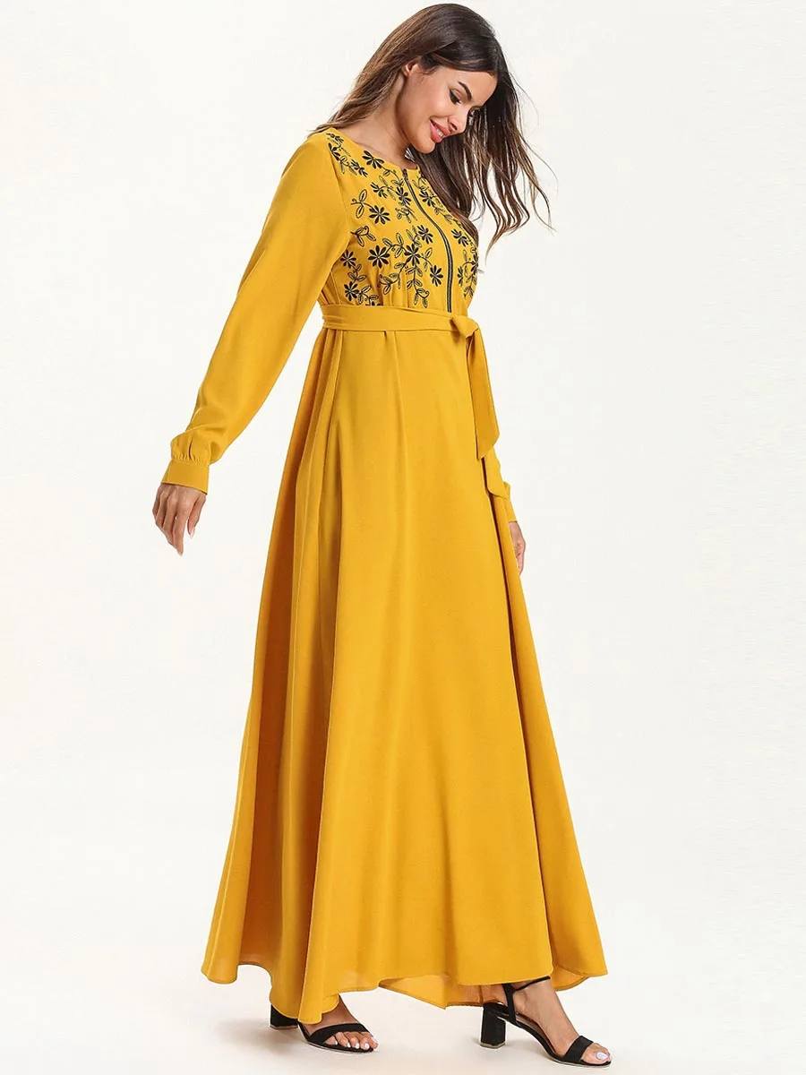 Abaya женская одежда больших размеров 4XL с длинным рукавом желтая молния Бандажное