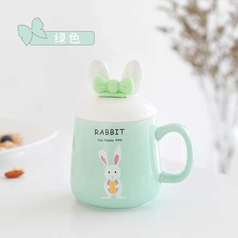 Green Каваи 3D мультфильм кролик керамическая кофейная кружка с крышкой и бантом ложка фарфоровая Питьевая чашка кофе молоко чай чашка - Цвет: Green