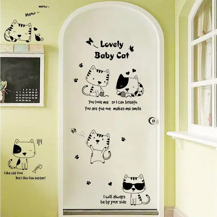 Милые Креативные виниловые милые черно-белые веселые детские наклейки с кошкой