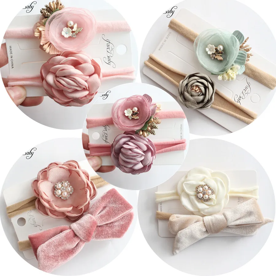 2019 для новорожденных Детский ободок с цветами и бантом из плотного бархата сжечь