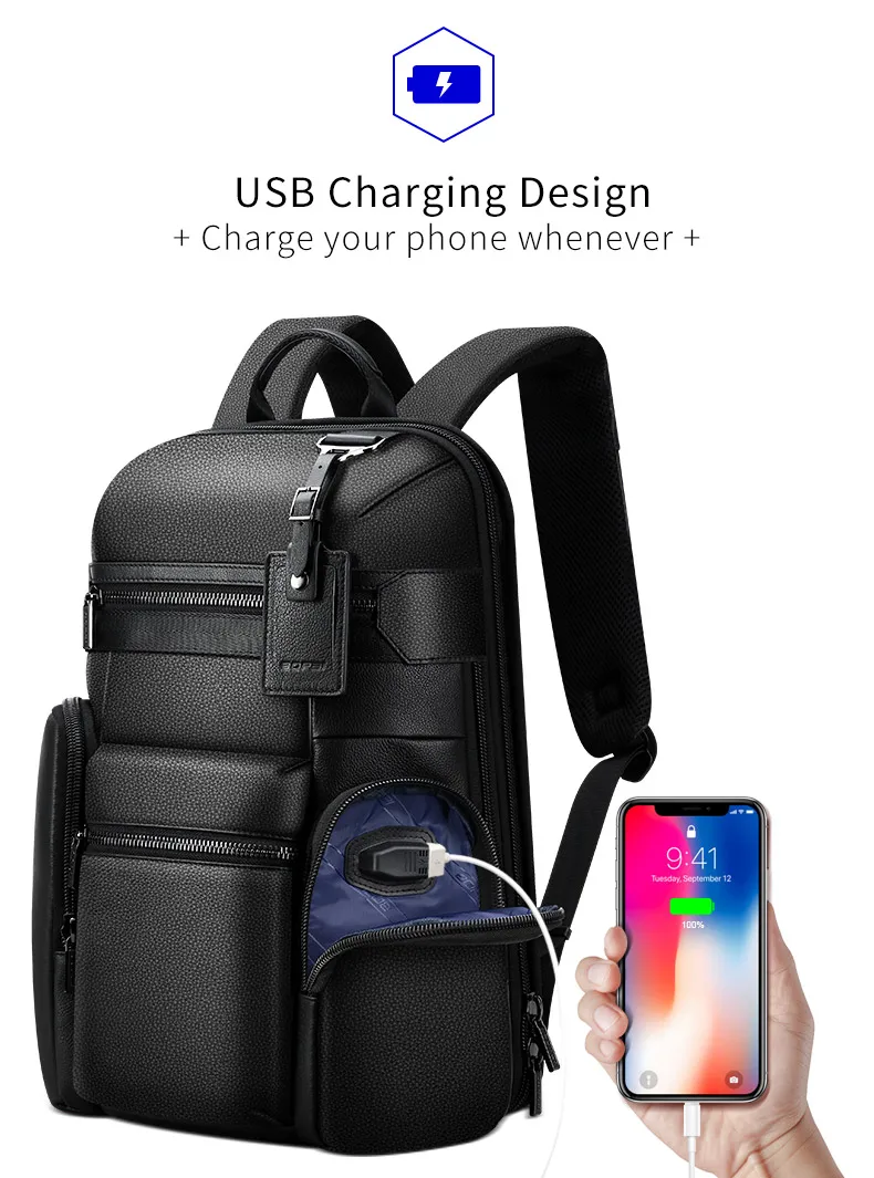 Bopai мужской рюкзак из натуральной кожи, 15 дюймов, рюкзак для ноутбука с usb зарядкой, бизнес рюкзак для путешествий для мужчин