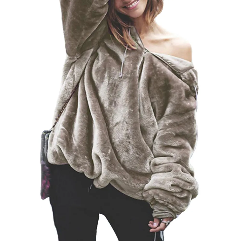 Hitmebox 2019 News Autumn Winter Fashion Women's Long Sleeve Casual Loose Fuzzy Warm Fleece Plus Size Hooded Outerwears Sweater | Женская