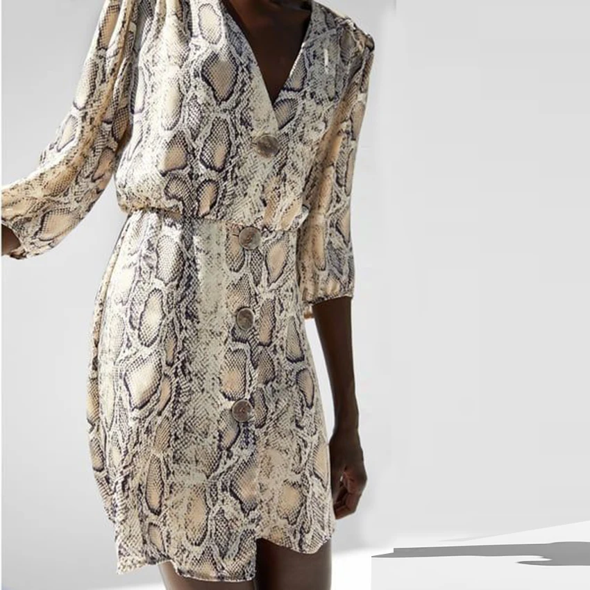 Новые платья с принтом змеиной кожи платье на пуговицах коротким рукавом